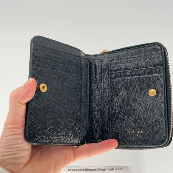 Authentic YSL Black Leather Chevron Pattern Wallet with Gold Logo - Picture 7 of 11